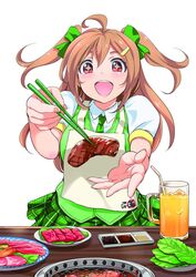  ahoge apron bad_id bad_twitter_id bow brown_eyes brown_hair chopsticks drink feeding female food glass green_bow green_necktie green_skirt green_vest hair_ornament hairbow hairclip highres holding holding_chopsticks inoue_sora long_hair looking_at_viewer meat midori-chan_(myslot) miniskirt myslot necktie open_mouth plaid plaid_skirt pleated_skirt pov puffy_short_sleeves puffy_sleeves short_sleeves skirt smile solo sparkle sparkling_eyes table twintails vest white_background 