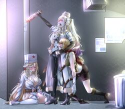  3girls =_= a-91_(girls&#039;_frontline) absurdres ak-47_(girls&#039;_frontline) alcohol alley arm_up belt beret bikini black_footwear black_pants blonde_hair blush boots bottle breasts cleavage closed_eyes commentary commission dp28_(girls&#039;_frontline) drunk english_commentary flyer fur_hat girls&#039;_frontline hat headlock high_heel_boots high_heels highres holding holding_bottle large_breasts leather leather_boots leather_pants long_hair military_hat multiple_girls nym+_(nymplus) open_mouth pants pole ponytail shorts swimsuit thigh_boots thighhighs trash_can ushanka very_long_hair vodka white_footwear wine_bottle 