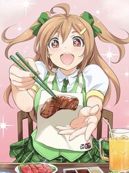  ahoge apron bow brown_eyes brown_hair chair chopsticks drink feeding female food glass green_bow green_necktie green_skirt green_vest hair_ornament hairbow hairclip highres holding holding_chopsticks incoming_food inoue_sora long_hair looking_at_viewer meat midori-chan_(myslot) miniskirt myslot necktie open_mouth pink_background plaid plaid_skirt pleated_skirt pov puffy_short_sleeves puffy_sleeves short_sleeves skirt smile solo sparkle sparkling_eyes table two_side_up vest 