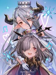  2girls blue_hair commentary_request copyright_name draph gloves granblue_fantasy hair_over_one_eye hand_on_another&#039;s_head hanusu harvin hat highres horns izmir long_hair mole mole_under_mouth multiple_girls musical_note niyon_(granblue_fantasy) pointy_ears purple_hair smile snowflakes white_gloves 