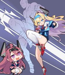  1boy 2girls ahoge azur_lane bald bandages blonde_hair blue_eyes collarbone commentary covering_crotch covering_privates eyepatch eyes_visible_through_hair fake_horns hair_over_one_eye highres hm_(hmongt) horns jacket kicking mechanical_horns multiple_girls muscular muscular_male off_shoulder parody ribbon rudder_footwear sagat shorts single_thighhigh smalley_(azur_lane) stanly_(azur_lane) street_fighter sweatdrop thighhighs thighs tiger_knee topless trembling white_thighhighs 