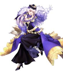  amagai_tarou bare_shoulders black_dress black_hat book closed_mouth collar dress elbow_gloves female fire_emblem fire_emblem:_three_houses fire_emblem_heroes full_body fur_collar fur_trim gloves grey_hair hair_ornament hat high_heels highres holding holding_book leg_up long_dress long_hair long_skirt looking_afar lysithea_von_ordelia lysithea_von_ordelia_(a_new_future) non-web_source official_alternate_costume official_art open_book open_mouth pantyhose purple_collar purple_eyes purple_footwear skirt solo strapless strapless_dress tied_hair transparent_background white_gloves white_hair white_legwear 