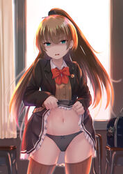  aqua_eyes bag black_panties blouse bow bow_panties bowtie brown_cardigan brown_hair brown_skirt brown_sweater brown_thighhighs cardigan check_commentary classroom clothes_lift commentary commentary_request cosplay curtains female hair_between_eyes highres indoors kantai_collection kumano_(kancolle) kuroame_(kurinohana) lifting_own_clothes long_hair long_sleeves navel neck_ribbon open_mouth panties pleated_skirt ponytail red_bow red_bowtie red_ribbon ribbon school_uniform shaded_face shirt skirt skirt_lift solo suzuya_(kancolle) suzuya_kai_ni_(kancolle) suzuya_kai_ni_(kancolle)_(cosplay) sweater thighhighs underwear white_shirt window 