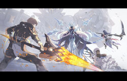  1boy 3girls aiming bare_shoulders battle black_gloves black_jacket black_pants black_skin blonde_hair blue_hair bronya_rand brown_hair caelus_(honkai:_star_rail) cocolia_rand colored_skin commentary_request detached_sleeves gloves grey_hair gun highres holding holding_gun holding_polearm holding_scythe holding_weapon honkai:_star_rail honkai_(series) hood hood_down hooded_jacket jacket letterboxed long_hair mecha multiple_girls pants polearm robot scythe seele_(honkai:_star_rail) shirt snowing synn032 trailblazer_(honkai:_star_rail) very_long_hair weapon white_shirt white_sleeves 