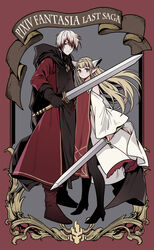  1boy bad_id bad_pixiv_id bare_shoulders black_cape black_eyes black_gloves blonde_hair blush boots braid cape closed_mouth commentary_request ezel_the_king_of_fire_and_iron falia_the_queen_of_the_mountains female gloves headgear high_heels holding holding_sword holding_weapon mia0309 multicolored_hair pantyhose photoshop_(medium) pixiv_fantasia pixiv_fantasia_last_saga pointy_ears red_eyes red_footwear red_hair sword weapon white_hair 