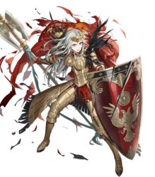  armor armored_boots axe battle_axe black_pantyhose blue_eyes boobplate boots breastplate broken_crown broken_shield cape clenched_teeth crown cuboon edelgard_von_hresvelg edelgard_von_hresvelg_(adrestian_emperor) feather_trim feathers female fire_emblem fire_emblem:_three_houses fire_emblem_heroes full_body gauntlets grey_hair hair_ornament hauteclere highres holding holding_weapon lips long_hair looking_at_viewer looking_away non-web_source official_alternate_costume official_art pantyhose parted_lips red_cape shield solo teeth torn_cape torn_clothes transparent_background weapon 