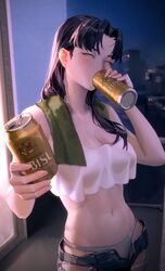  absurdres beer_can black_hair blush breasts can cleavage closed_eyes denim denim_shorts drink_can drinking earrings female grey_panties grey_pants groin highres incoming_drink jewelry katsuragi_misato limart long_hair navel neon_genesis_evangelion outstretched_hand panties pants scarf short_shorts shorts solo underwear yebisu 