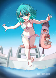  :d absurdres artist_name bikini blue_bikini blue_eyes blue_hair blurry breasts cleavage commentary_request commission dated depth_of_field female full_body hakurei_reimu heterochromia highres jumping karakasa_obake looking_at_viewer medium_breasts open_mouth outdoors pink_bikini pool poolside purple_umbrella red_eyes salt_(seasoning) short_hair skeb_commission smile solo swimsuit tatara_kogasa tongue touhou umbrella 