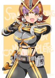  belt brown_hair cosplay cowboy_shot female highres honda_mio idolmaster idolmaster_cinderella_girls idolmaster_cinderella_girls_starlight_stage inoue_sora kamen_rider kamen_rider_555 kamen_rider_kaixa looking_at_viewer midriff navel open_mouth solo yellow_background yellow_eyes 