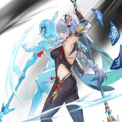  2girls absurdres arm_up armor armpits blue_eyes blue_gemstone breasts bridal_gauntlets brown_gloves calamity_queller_(genshin_impact) chinese_commentary clothing_cutout commentary covered_nipples elbow_gloves gem genshin_impact gloves gold_trim grey_hair hair_ornament hair_ribbon highres holding holding_polearm holding_weapon lan_xiezi long_hair multiple_girls navel ofuda ofuda_on_head parted_lips pink_lips polearm ponytail red_ribbon ribbon shenhe&#039;s_talisman_spirit_(genshin_impact) shenhe_(genshin_impact) smile spear spirit talisman tassel thighs weapon 