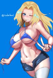  absurdres bad_id bad_pixiv_id bare_shoulders bikini bikini_top_only blonde_hair blue_background blue_bikini blue_eyes blue_shorts blush breasts commentary denim denim_shorts female girls_und_panzer grin groin hair_intakes head_tilt highres kay_(girls_und_panzer) large_breasts long_hair looking_at_viewer navel no_shirt one-hour_drawing_challenge one_eye_closed open_fly shorts simple_background skindentation smile solo standing stomach sweat swimsuit takefu_jiin thighhighs twitter_username untied_bikini untying white_thighhighs 