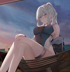  ak-12_(girls&#039;_frontline) bare_shoulders blush breasts chinese_commentary choker commentary_request crossed_legs drink earrings feet_out_of_frame female frown girls&#039;_frontline grey_hair hand_on_own_knee highres jewelry large_breasts off_shoulder one-piece_swimsuit ponytail purple_eyes ru_zhai sitting solo sunset swimsuit thigh_strap underboob unusually_open_eyes wicker_furniture 