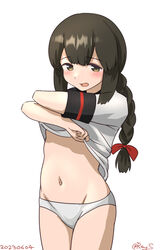  black_hair black_sailor_collar braid brown_eyes clothes_lift dated female groin hair_between_eyes isonami_(kancolle) isonami_kai_ni_(kancolle) kantai_collection lifting_own_clothes long_hair low_twintails navel one-hour_drawing_challenge panties ray.s sailor_collar school_uniform serafuku shirt_lift sidelocks simple_background solo twin_braids twintails twitter_username underwear undressing white_background white_panties 