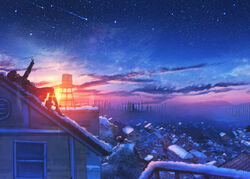  black_coat black_hair boots building cityscape closed_eyes cloud coat commentary female highres house kenzo_093 lying meteor night oil_refinery on_back original outdoors outstretched_arm railing red_scarf refinery rooftop scarf scenery shooting_star sky snow solo star_(sky) starry_sky sun sunset tree water_tank water_tower 