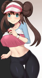  aqua_eyes black_pantyhose breasts bright_pupils brown_hair cameltoe closed_mouth clothes_lift collarbone commentary cowboy_shot crop_top crop_top_overhang double_bun female gradient_background hair_bun hat highres holding holding_poke_ball large_breasts long_sleeves looking_at_viewer navel nt00 pants pantyhose poke_ball poke_ball_(basic) pokemon pokemon_bw2 raglan_sleeves revision rosa_(pokemon) shirt_lift sidelocks smile solo stomach thigh_gap twintails visor_cap white_hat yoga_pants 