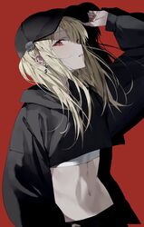  baseball_cap black_hat black_hoodie blonde_hair blush crop_top cropped_hoodie ear_piercing female food-themed_hair_ornament hair_between_eyes hair_ornament hand_on_headwear hat highres hood hood_down hoodie jewelry long_hair long_sleeves looking_at_viewer midriff mole mole_under_eye naizotan navel original parted_lips piercing red_background red_eyes simple_background solo upper_body wide_sleeves 