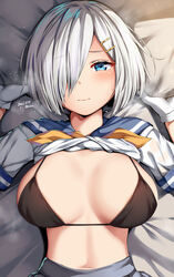  banned_artist bed bed_sheet belko bikini bikini_top bikini_under_clothes black_bikini blue_eyes breasts cleavage clothes_lift covered_nipples female gloves hair_over_one_eye hamakaze_(kancolle) highres kantai_collection large_breasts looking_at_viewer lying on_back one_eye_covered pillow sailor_collar sailor_shirt shirt shirt_lift short_hair solo swimsuit upper_body white_gloves white_hair 