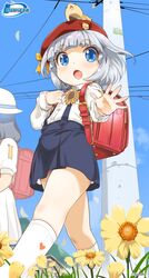  2girls backpack bag beret blue_eyes commentary_request day flower from_below grey_hair hamster hamster_on_head hat highres himawari_(myslot) house inoue_sora kneehighs lolicon looking_at_viewer looking_down multiple_girls myslot open_mouth outdoors randoseru short_hair sky socks solo_focus sunflower suspenders transmission_tower walking white_legwear 