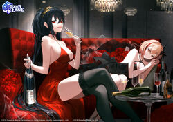  2girls :d ahoge alcohol azur_lane bare_shoulders black_dress black_hair blonde_hair blush bottle breasts brown_eyes choker cleavage cocktail_dress collarbone commentary_request crossed_legs cup dress earrings hair_between_eyes hair_ornament highres holding holding_cup hoojiro jewelry large_breasts long_hair looking_at_viewer lounge lying multicolored_hair multiple_girls official_alternate_costume official_art open_mouth red_choker red_dress red_eyes red_hair roon_(azur_lane) roon_(dark_red_grin)_(azur_lane) short_hair sitting smile streaked_hair table taihou_(azur_lane) taihou_(forbidden_feast)_(azur_lane) thighhighs very_long_hair 