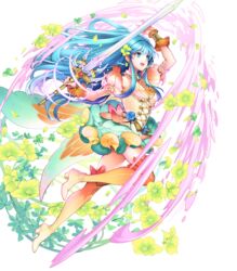  aqua_hair arm_up bare_shoulders blue_eyes boots bracelet breasts earrings eirika_(fire_emblem) eirika_(resplendent)_(fire_emblem) female fingernails fire_emblem fire_emblem:_the_sacred_stones fire_emblem_heroes flower frills full_body gradient_clothes hair_flower hair_ornament high_heel_boots high_heels highres holding holding_sword holding_weapon jewelry long_hair looking_away medium_breasts miniskirt non-web_source official_art open_mouth petals sieglinde_(sword) skirt smile solo sword thigh_boots thighhighs toyota_saori transparent_background weapon wrist_cuffs zettai_ryouiki 