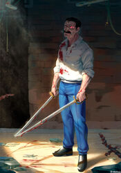  1boy artist_name belt black_footwear black_hair blood blood_on_face bloody_clothes bloody_weapon blue_pants buttons collar collared_shirt facial_hair full_body fullmetal_alchemist glowing glowing_eye highres holding holding_sword holding_weapon king_bradley looking_at_viewer male_focus moustache pants shirt short_hair solo standing sword weapon white_shirt whoareuu 