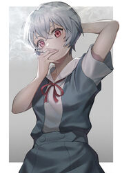  absurdres arm_behind_head arm_up ayanami_rei blue_hair blue_skirt blush border cigarette commentary ebinomi female gradient_background grey_background highres looking_at_viewer neon_genesis_evangelion outside_border red_eyes red_ribbon ribbon school_uniform short_hair short_sleeves skirt smoke smoking solo sparkling_eyes tokyo-3_middle_school_uniform white_border 