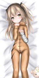  animal_costume bear_costume bed_sheet black_ribbon blush boko_(girls_und_panzer) boko_(girls_und_panzer)_(cosplay) brown_eyes commentary_request cosplay female from_above girls_und_panzer hair_ribbon head_tilt langley1000 light_brown_hair long_hair looking_at_viewer lying on_back on_bed one_side_up onesie pajamas ribbon shimada_arisu solo stuffed_animal stuffed_toy teddy_bear 