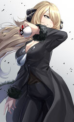  absurdres black_coat black_pants blonde_hair breasts coat commentary cowboy_shot cynthia_(pokemon) eyelashes female floating_hair fur-trimmed_coat fur_trim grey_eyes hair_ornament hair_over_one_eye hand_up highres holding holding_poke_ball large_breasts long_hair long_sleeves looking_back pants poke_ball poke_ball_(basic) pokemon pokemon_dppt skl smile solo 