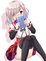  black_sleeves black_thighhighs blue_eyes blue_ribbon blunt_bangs blush book breast_pocket chauke commentary covering_own_mouth diagonal_bangs diary dot_nose eyes_visible_through_hair feet_out_of_frame female grey_hair hair_over_one_eye highres holding holding_book isuzu_ren kamihama_university_affiliated_school_uniform layered_sleeves long_sleeves looking_at_viewer magia_record:_mahou_shoujo_madoka_magica_gaiden mahou_shoujo_madoka_magica medium_hair miniskirt neck_ribbon plaid plaid_skirt pleated_skirt pocket red_sailor_collar red_skirt ribbon sailor_collar school_uniform serafuku shirt short_over_long_sleeves short_sleeves simple_background sitting skirt solo swept_bangs thighhighs white_background white_shirt 