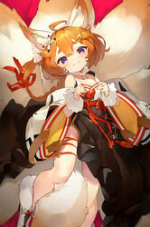  ahoge animal animal_ear_fluff animal_ears animal_hands blurry braid breasts collarbone commentary crossed_bangs eight-tailed_fox_nari facepaint feet_out_of_frame female fox_ears fox_girl fox_tail groin guardian_tales hair_between_eyes hair_ornament hair_ribbon hairclip hands_up highres holding holding_animal korean_clothes light_blush long_hair looking_at_viewer multiple_tails orange_hair purple_eyes red_background red_ribbon ribbon short_eyebrows skindentation small_breasts smile tail thigh_strap wide_sleeves yogurt_bakudan 