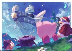  absurdres aircraft airship armor arms_up banana bandana bandana_waddle_dee beak blue_bandana cape coat flower food from_behind from_below fruit fur_coat fur_trim grass highres king_dedede kirby kirby&#039;s_return_to_dream_land kirby_(series) landia looking_up lor_starcutter meta_knight mountainous_horizon polearm sail shiburingaru shoulder_armor smile spear standing tree vehicle_focus weapon 