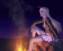  arm_support bad_id bad_pixiv_id blonde_hair campfire dark desert female hanna-justina_marseille jacket leather leather_jacket long_hair night oinari_(koheihei1109) pleated_skirt profile rock sitting skirt smile solo star_(sky) witches_of_africa world_witches_series 