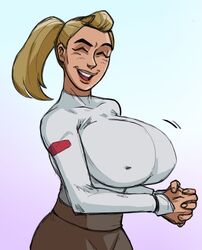  1girls adora blonde_female blonde_hair breasts_bigger_than_head closed_eyes clothing female female_focus female_only first-second grey_pants huge_breasts human large_breasts pants ponytail she-ra_and_the_princesses_of_power shirt smile solo solo_female white_shirt 