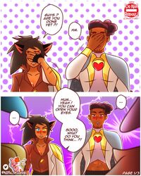  1boy 2020s 2022 3girls adora artist_name blonde_female blonde_hair blue_bunny_ears blue_eyes blush bow_(she-ra) brown_hair bunny_ears bunny_girl cape cat_ears catgirl catra cleavage comic covering_face dialogue drawitbibi earrings english_text female glimmer_(she-ra) heterochromia male midriff pink_bunny_ears ponytail red_shirt she-ra_and_the_princesses_of_power shirt speech_bubble text watermark yellow_eyes 