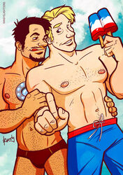  2boys artist_name avengers bara beard_stubble body_hair captain_america chris_evans dadbod dilf facial_hair gay goatee hairy_arms hairy_chest hairy_legs hairy_male hairy_stomach holding_partner human iron_man licking_lips looking_at_partner male male/male male_nipples male_only manly marvel marvel_cinematic_universe mature_male muscular_males mustache no_visible_genitalia panties popsicle randyslashtoons robert_downey_jr. steve_rogers swimming_trunks tony_stark 