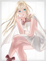  ado002 bare_legs blonde_hair blue_eyes cape crossed_arms dress earrings female floating_hair gigi_andalusia gundam gundam_hathaway&#039;s_flash highres jewelry lipstick long_hair looking_at_viewer makeup nail_polish neck_ribbon parted_lips red_nails ribbon short_dress sitting sleeveless sleeveless_dress solo very_long_hair white_cape white_dress 