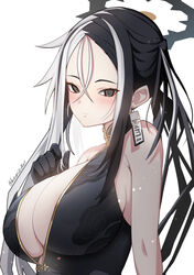  absurdres black_dress black_eyes black_gloves black_hair blue_archive blush breasts china_dress chinese_clothes cleavage dress earrings female gloves hair_between_eyes halo highres jewelry kai_(blue_archive) kuromiz large_breasts long_hair looking_at_viewer multicolored_hair solo twitter_username two-tone_hair white_hair 