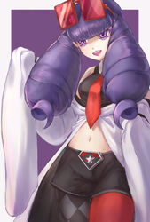  :o anmitu_(sui_3959) argyle_clothes argyle_legwear asymmetrical_legwear black_legwear blunt_bangs commentary drill_hair eyewear_on_head female lipstick long_hair makeup midriff mismatched_legwear navel pantyhose pokemon pokemon_masters_ex purple_background purple_eyes purple_hair purple_lips rachel_(pokemon) red_legwear short_shorts shorts simple_background sleeves_past_fingers sleeves_past_wrists solo standing 