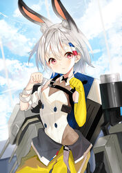  absurdres animal_ears bad_id bad_pixiv_id bandaged_arm bandages bare_shoulders blue_oath blue_sky blush bodysuit breasts buttons clenched_hands closed_mouth clothing_request cloud cloudy_sky collarbone commentary_request covered_navel cowboy_shot day dopoing double-breasted elbow_gloves female gloves grey_hair hair_between_eyes hair_ornament hairclip hands_up highres leotard light_smile looking_at_viewer machinery oerba_yun_fang open_pants outdoors pants pantyhose paw_pose playboy_bunny rabbit_ears rabbit_girl red_eyes short_hair single_elbow_glove single_glove skin_fang sky small_breasts solo thick_eyebrows volta_(blue_oath) white_leotard yellow_gloves yellow_pants 