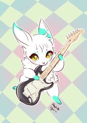  2019 absurd_res ambiguous_gender anglish anthro black_eyebrows black_nose blush digital_media_(artwork) eyebrows eyelashes fingers fur green_body green_ears green_fur guitar hair hi_res lagomorph leporid long_ears looking_at_viewer mammal multicolored_body multicolored_ears multicolored_fur musical_instrument pickles_(picklesjars) plucked_string_instrument rabbit simple_background solo standing string_instrument trans_(lore) trans_woman_(lore) two_tone_body two_tone_fur white_body white_fur yellow_eyes 