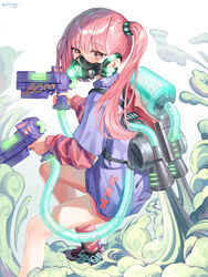  artist_name black_footwear blue_jacket blunt_bangs blush commentary dopoing dual_wielding female finger_on_trigger foot_out_of_frame from_behind from_side gas_mask hair_ornament hands_up highres holding holding_water_gun jacket jetpack long_hair long_sleeves looking_at_viewer looking_back mask mouth_mask multicolored_footwear neon_lights original pink_eyes pink_hair pink_nails pink_socks pink_sweater shoes side_ponytail smoke socks solo striped_clothes striped_sweater sweater water_gun white_background white_footwear 