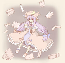  blue_bow blue_ribbon book bow commentary crescent crescent_hat_ornament cup dress female floating floating_object footwear_bow full_body hairbow hat hat_ornament hat_ribbon highres holding holding_book kaminendo long_hair long_sleeves mob_cap neck_ribbon patchouli_knowledge pink_dress pink_footwear pink_hat purple_eyes purple_hair reading red_bow red_ribbon ribbon shoes socks solo spilling teacup touhou white_socks wide_sleeves 