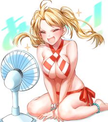  :d ^_^ ahoge anklet bare_arms bare_legs bare_shoulders barefoot between_legs bikini blonde_hair blush bracelet breasts breasts_squeezed_together cleavage closed_eyes collarbone criss-cross_halter electric_fan fan_speaking fate/grand_order fate_(series) female full_body hair_intakes halterneck hand_between_legs jewelry large_breasts long_hair nero_claudius_(fate) nero_claudius_(swimsuit_caster)_(fate) open_mouth red_bikini red_ribbon ribbon side-tie_bikini_bottom sitting sling_bikini_top smile solo sparkle striped_bikini striped_clothes swimsuit text_background translation_request twintails twitter_username v-shaped_eyebrows wariza white_background yayoi_maka 