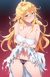  ahoge ass_visible_through_thighs black_panties blonde_hair blush breasts cleavage closed_mouth clothes_lift commission contrapposto cowboy_shot dies_irae dress dress_lift female flipped_hair gradient_background green_eyes hair_between_eyes highres large_breasts legs_apart long_hair looking_at_viewer lowleg lowleg_panties marie_(dies_irae) nanaichi navel panties red_background shinza_bansho_series shy side-tie_panties simple_background skeb_commission smile solo standing strapless strapless_dress string_panties sweat tareme torn_clothes torn_dress underwear white_dress 