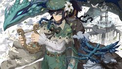  2boys androgynous animal back-to-back bad_id bad_twitter_id beret bird black_hair blue_hair bow braid brown_cloak cape chasefox cloak collared_cape collared_shirt commentary dragon dvalin_(genshin_impact) english_commentary flower frilled_sleeves frills genshin_impact gradient_hair green_eyes green_headwear green_shorts hat hat_flower highres holding holding_instrument instrument leaf long_sleeves looking_at_viewer lyre male_focus multicolored_hair multiple_boys nameless_bard_(genshin_impact) ruins shirt short_hair_with_long_locks shorts smile twin_braids venti_(genshin_impact) white_flower white_shirt 