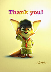  anthro bottomwear canid canine clothed clothing cute_fangs disney english_text exclamation_point fox fully_clothed fur gesture gidora_(artist) green_eyes light lighting looking_at_viewer male mammal nick_wilde open_mouth open_smile orange_body orange_fur red_fox salute shirt shorts signature simple_background smile solo standing text topwear true_fox yellow_background young young_anthro zootopia 