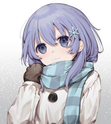  :3 blue_eyes blue_hair buttons enpera female gloves gradient_background grey_background hair_between_eyes hair_ornament hand_up jacket looking_at_viewer maomaomao nijisanji official_alternate_costume scarf snowflake_hair_ornament solo striped_clothes striped_scarf upper_body virtual_youtuber white_background yuuki_chihiro yuuki_chihiro_(6th_costume) 