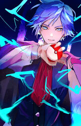  1boy blue_eyes blue_hair closed_mouth commentary_request energy eyelashes hand_up holding holding_poke_ball long_sleeves looking_at_viewer male_focus necktie ogura_aoi poke_ball poke_ball_(basic) pokemon pokemon_rse red_necktie shirt short_hair smile solo steven_stone upper_body vest white_shirt 