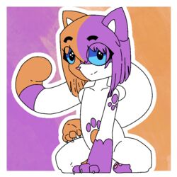  1:1 aliasing blue_sclera cally_(theenyface) capcom claws digital_drawing_(artwork) digital_media_(artwork) dipstick_tail domestic_cat eye_through_hair eyebrow_through_hair eyebrows felid feline felis felyne flat_colors footprint fur hair hand_on_ground kneeling leaning_on_hand long_tail looking_at_viewer lynian mammal markings monster_hunter orange_body orange_fur orange_hair palico pawpads pawprint pawprint_(marking) purple_body purple_fur purple_hair short_hair smile solo tail tail_markings theenyface thick_tail translucent translucent_hair white_body white_fur 