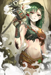  bad_id bad_pixiv_id bare_arms bare_shoulders breasts brown_gloves bruise cleavage collarbone crop_top dopoing fallout_(series) fallout_4 fallout_shelter_online female gloves green_eyes green_hair green_shirt gun hand_up highres holding holding_gun holding_weapon injury isolde_(fallout) looking_at_viewer medium_breasts medium_hair midriff navel o-ring orange_shirt orange_shorts parted_lips shirt shorts solo steam stomach torn_clothes torn_shirt two-tone_shirt weapon wire 